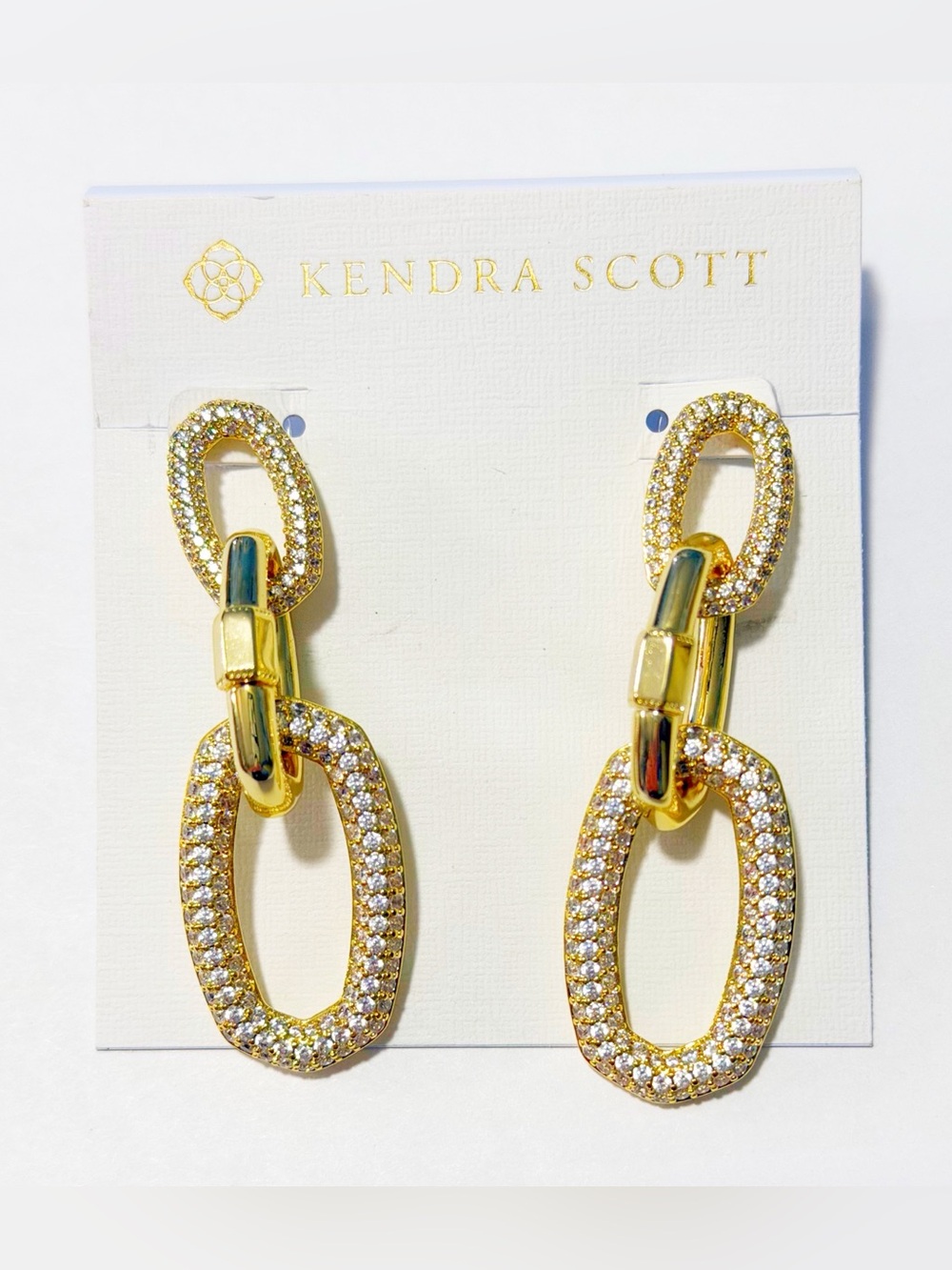 NWT, Kendra Scott RETIRED Emery Gold Statement Earnings in White CZ
